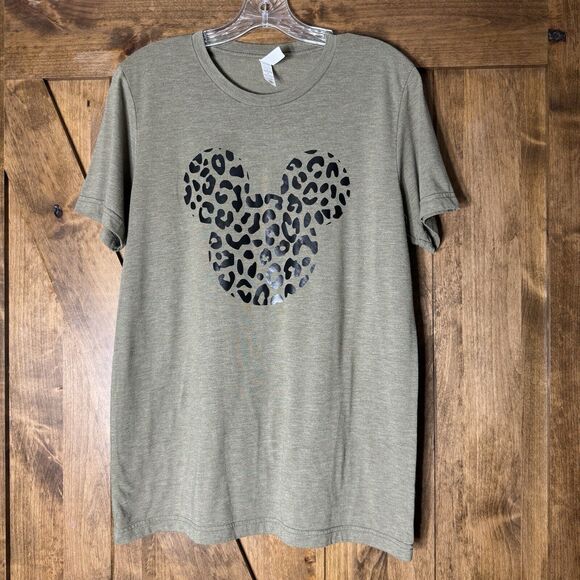 Bella‎ & Canvas T Shirt Khaki Green Animal Print Mickey Ears Women's Medium - Picture 1 of 5